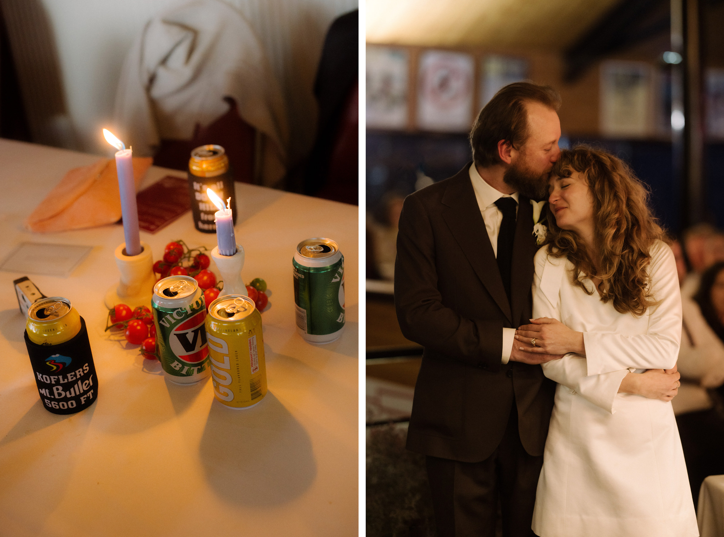 table details and the couple embracing at the getting ready