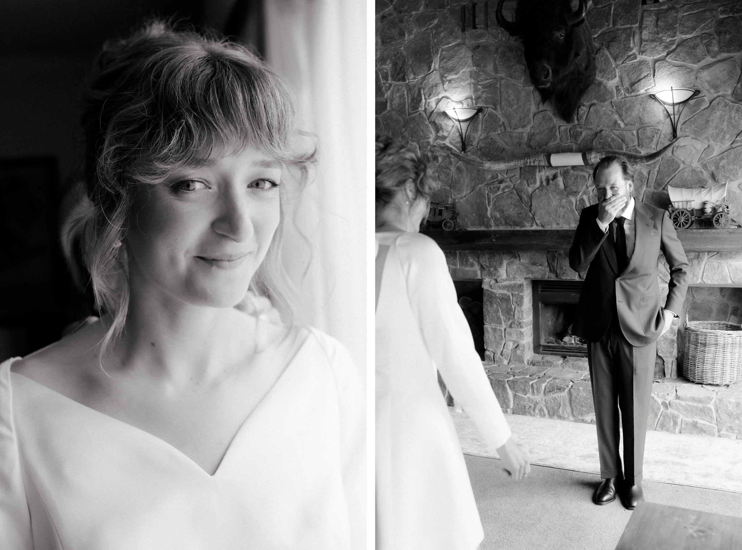 black and white photos from the first look and the bride getting ready