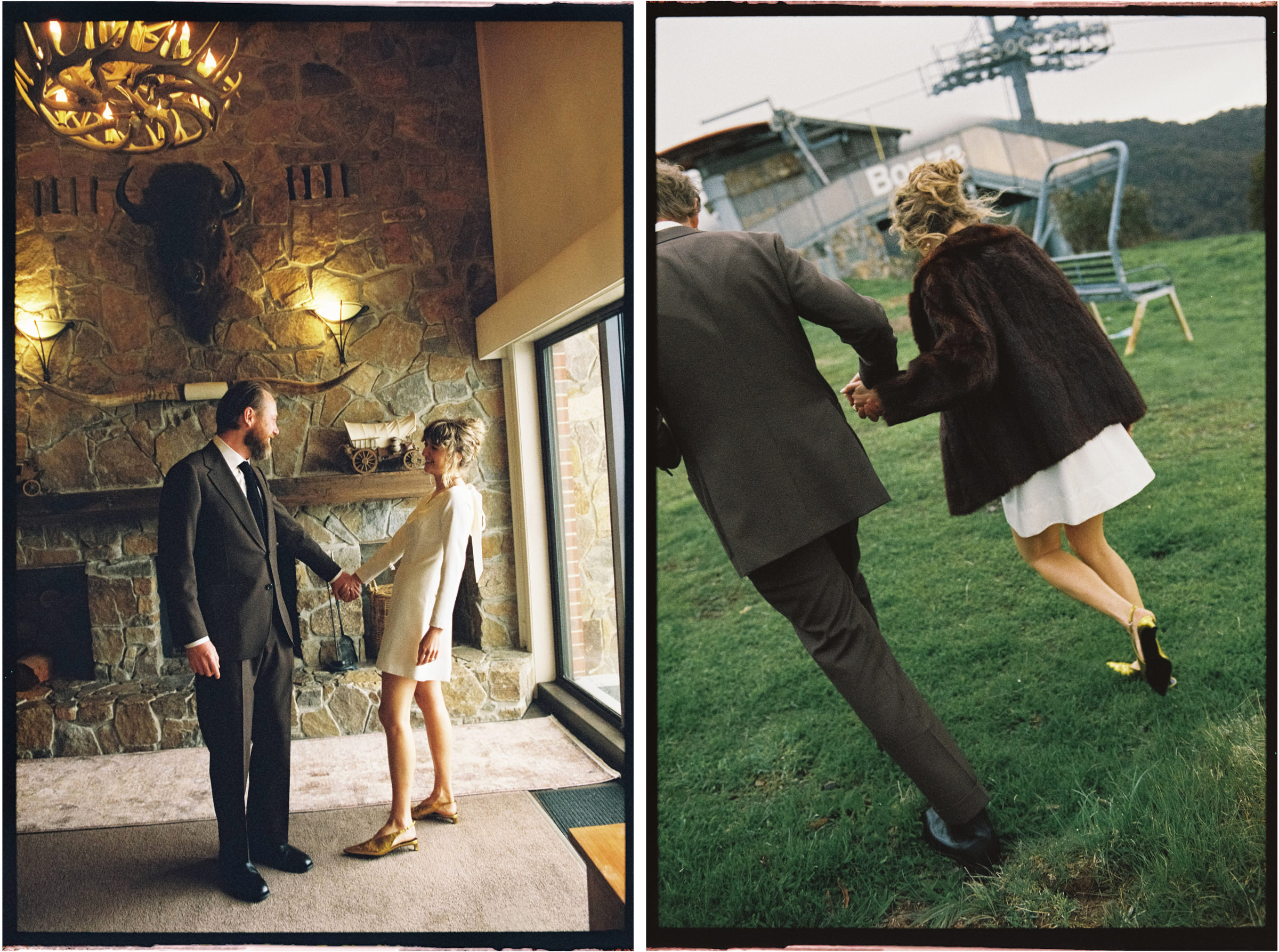 a couple see each other in their wedding outfits for the first time and enjoy a stroll during their portrait session