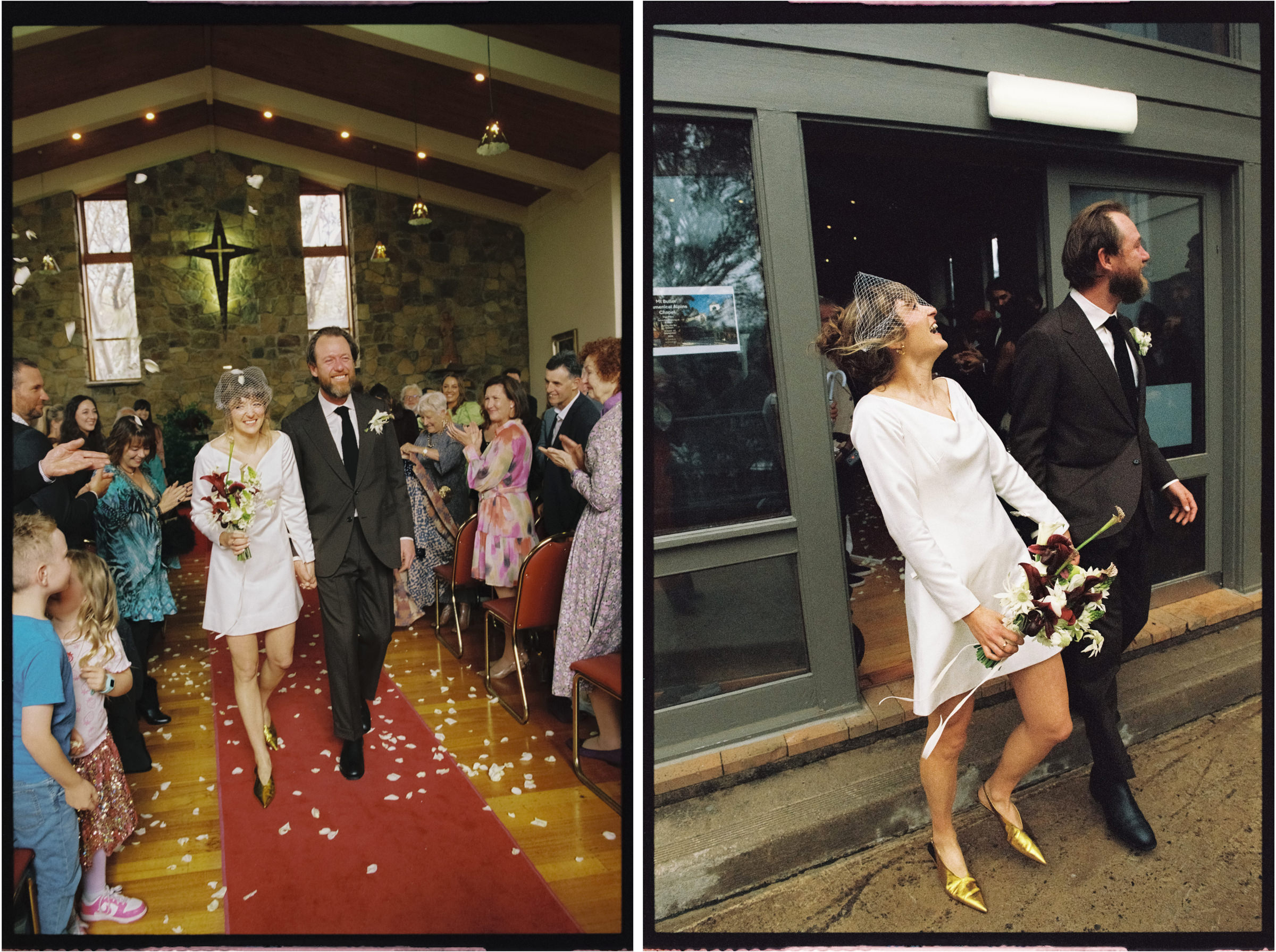 a newly married couple exit the chapel