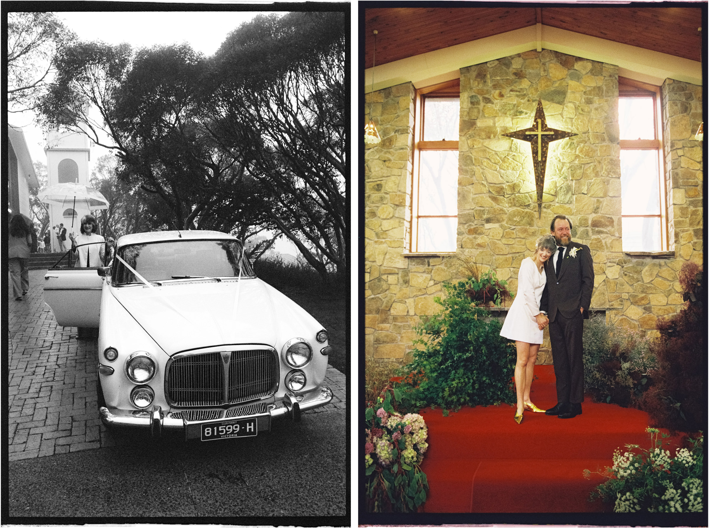 A classic wedding car and a couple embracing in a stone chapel on Mount Buller